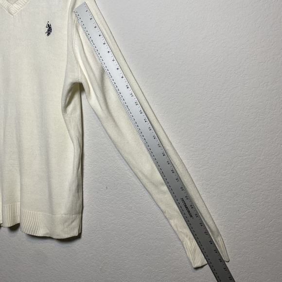 US Polo Assn Mens XL V Neck Long Sleeve Cream Sweater Preppy Ivy Minimalist - Picture 6 of 11